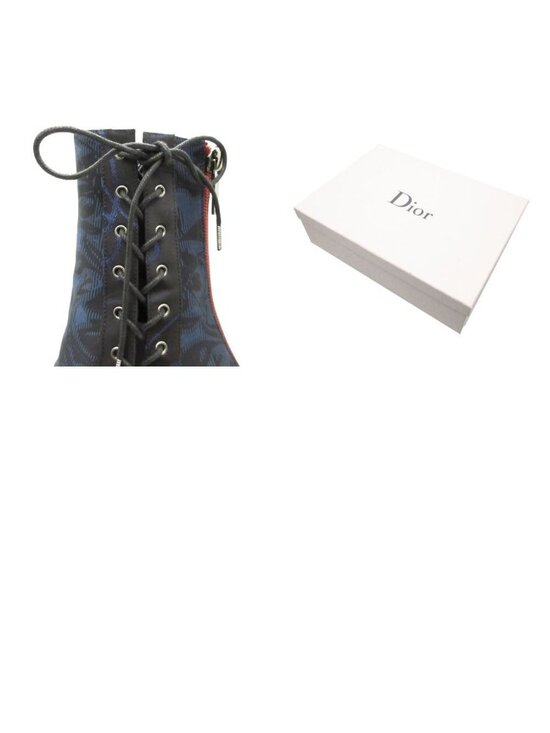 Christian Dior Blue/Black Floral Fabric Lace Up Trianon  Dior Boots Satin Lace Up Back Zip Heels Floral Shoes Navy